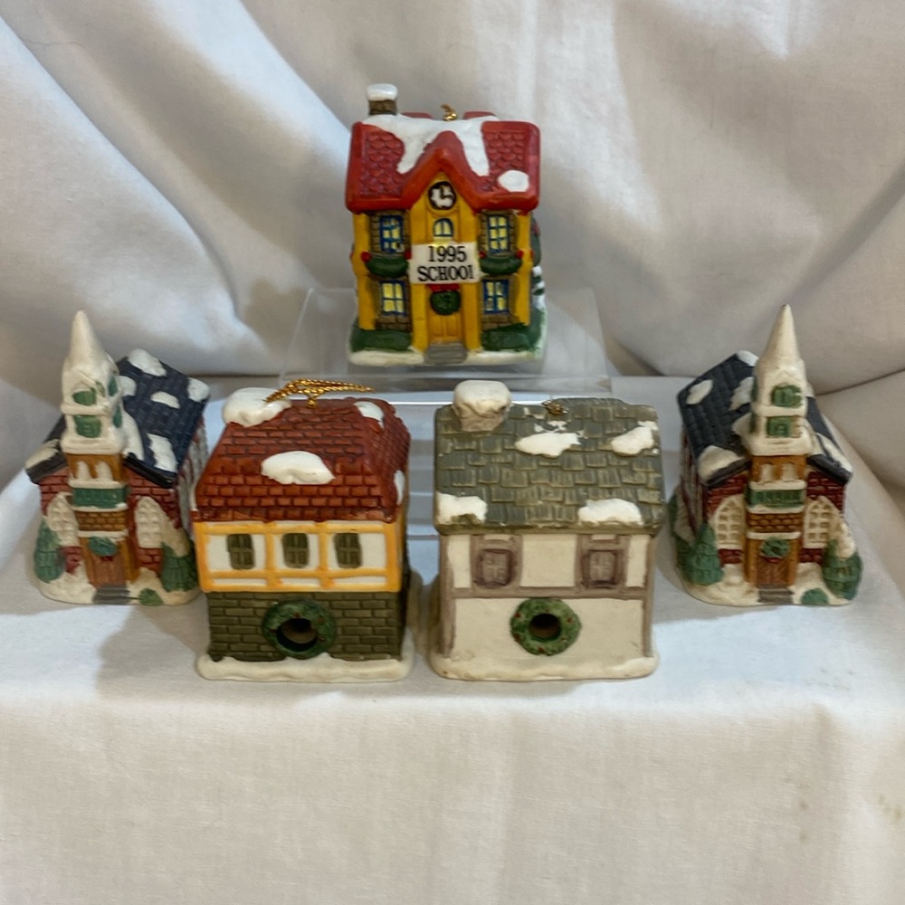 6 Badcock Collectible House Cottage Porcelain Christmas  Ornament Bells